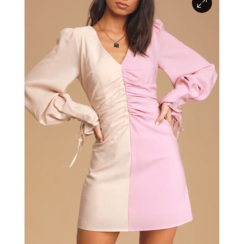 Lulus Caught Up in You Pink and Mauve Color Block Ruched Mini Dress S